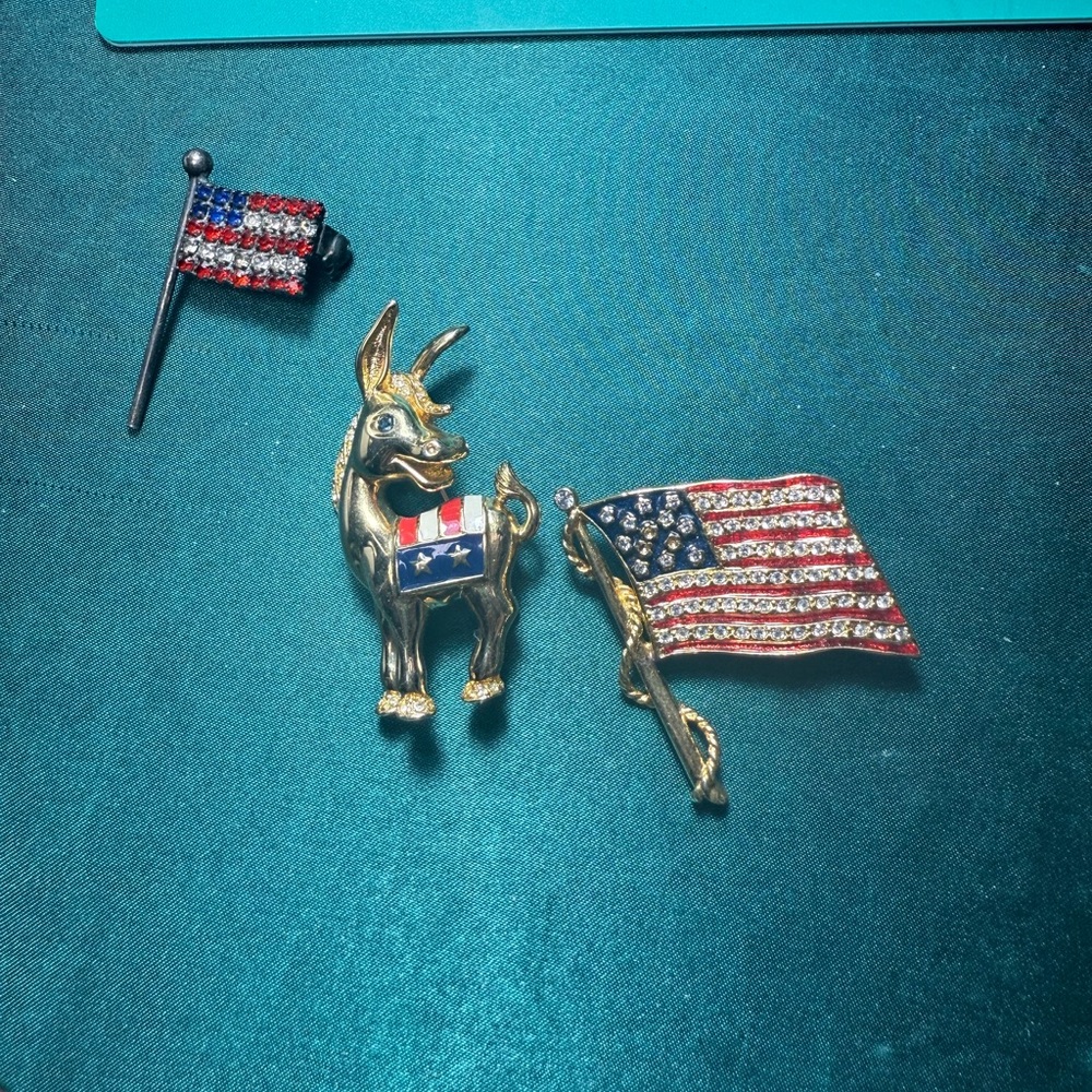 Vintage Erwin Pearl Donkey Brooch – Patriotic Red White Blue Flags Set‎